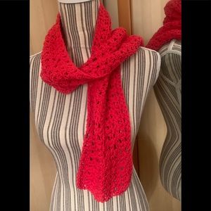 Hand made cherry-red crochet scarf
